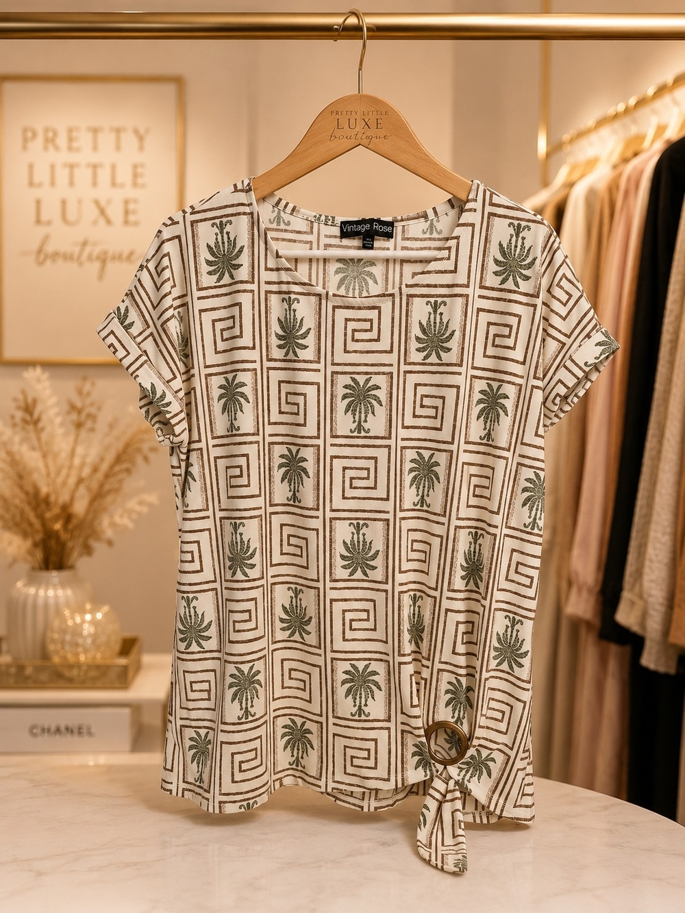 Vintage Rose Tropical Palm Tree Geometric Side Tie Ring Blouse Top XL